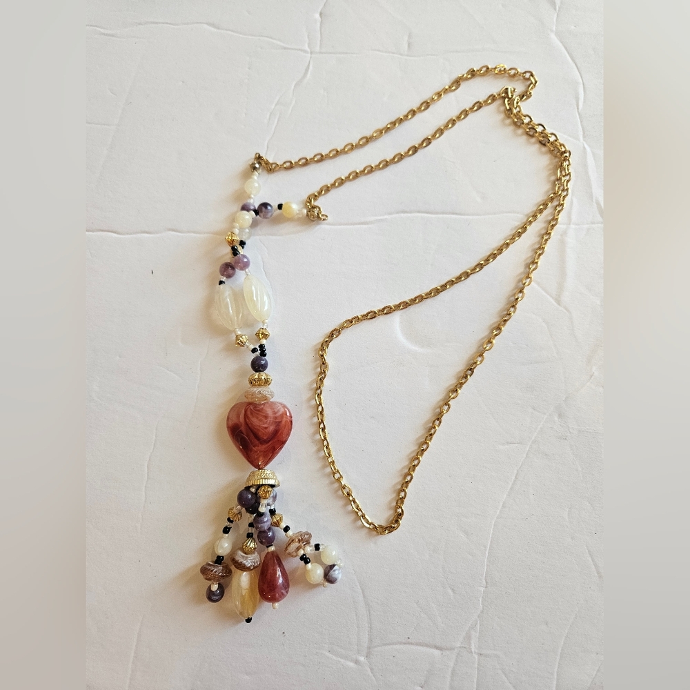 Vintage Bohemian Gold Colored and Red Heart Pendant Necklace